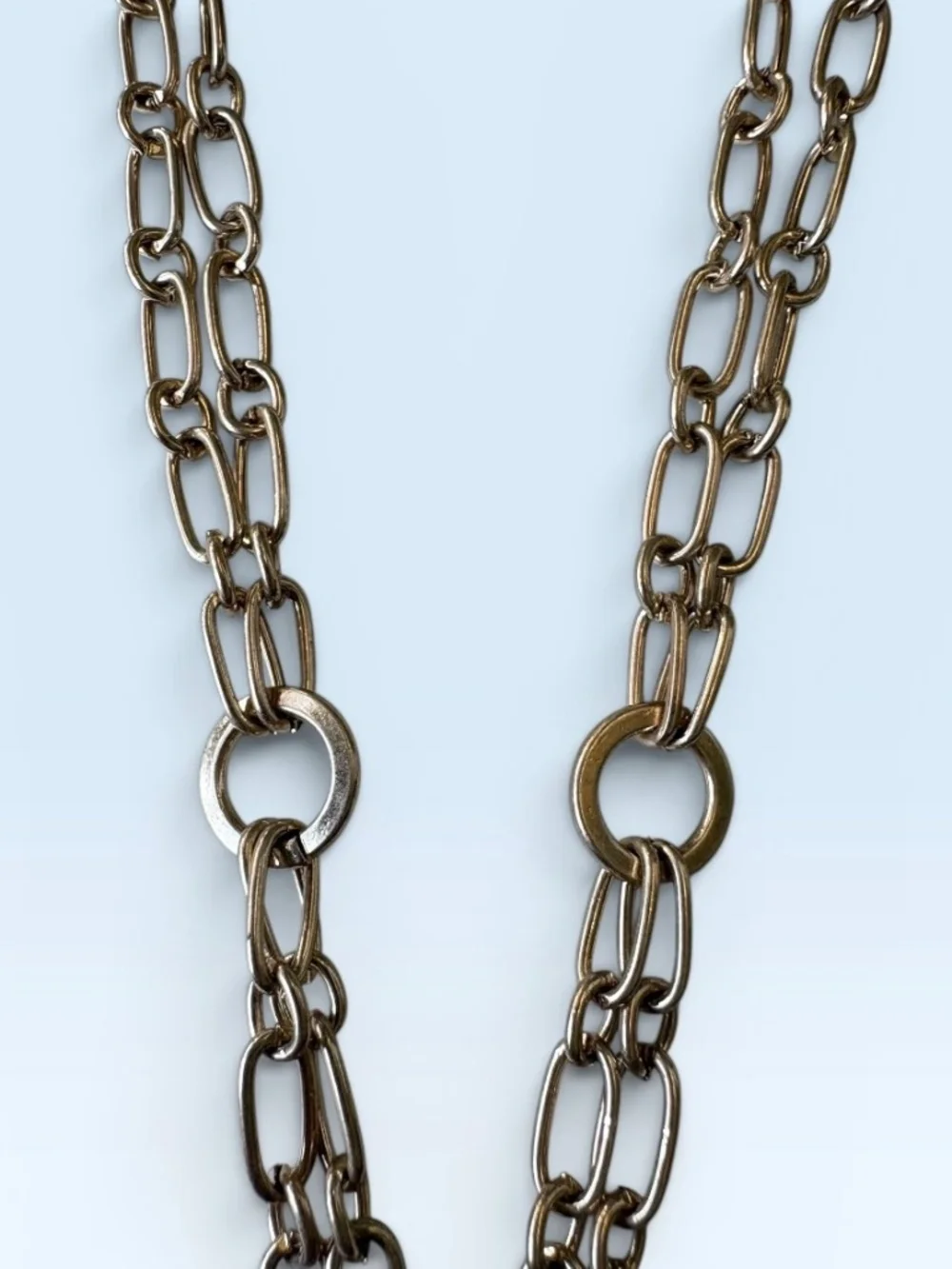 Goldtone Double Chain Necklace with a Blue Glass Pendant by Plunder Design - Picture 8 of 11
